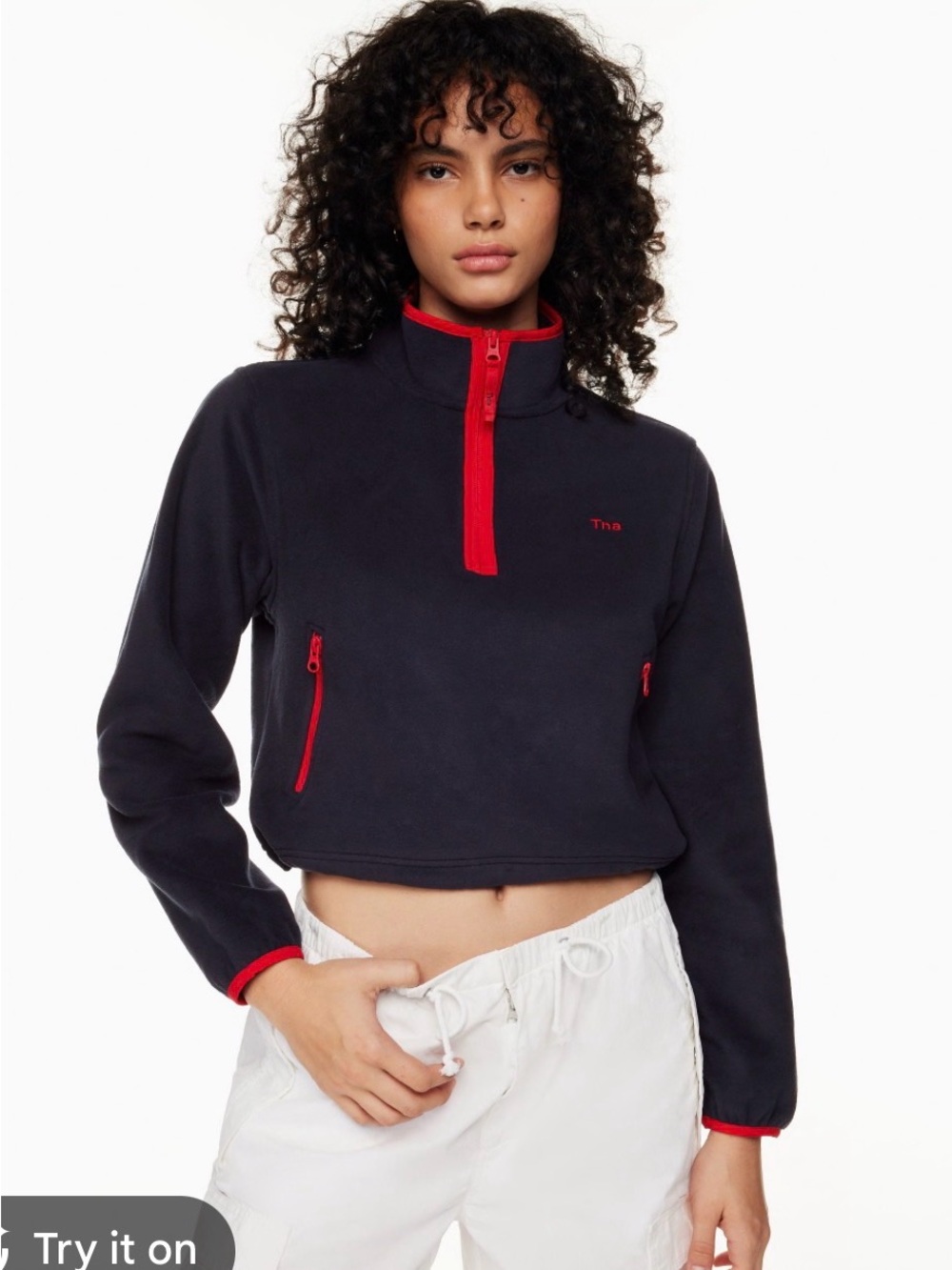 Aritzia TNA Navy Cropped Half-Zip Fleece with Red Trim
